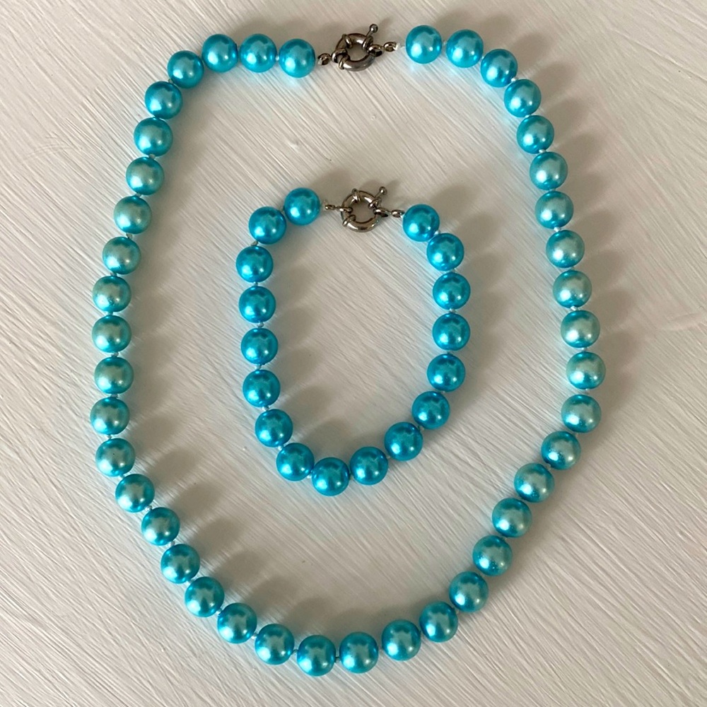 Tiffany Blue Teal Freshwater Cultured Pearl Necklace & Bracelet Set - Picture 1 of 16